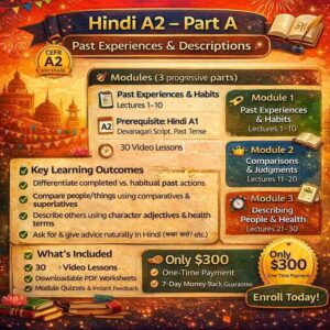 A2 HINDI  – PART A:  CEFR-Aligned Beginner Hindi Course (30 Lectures)